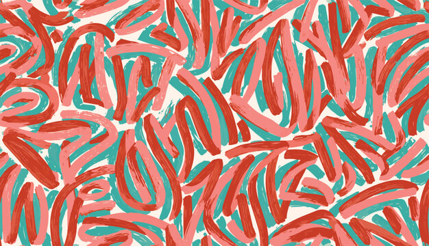Modern artistic seamless vector pattern with red pink teal messy brush strokes
