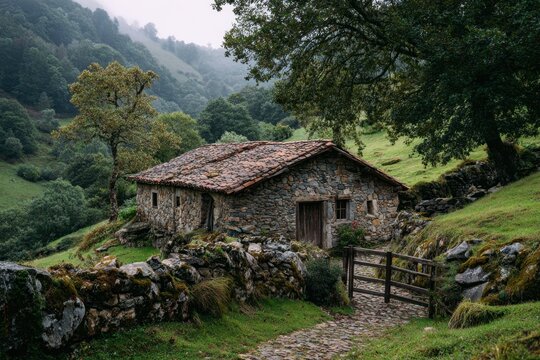 Stone cottage with a thatched roof surrounded by lush green hills and trees in a rural landscape, a stone path leading to a wooden gate