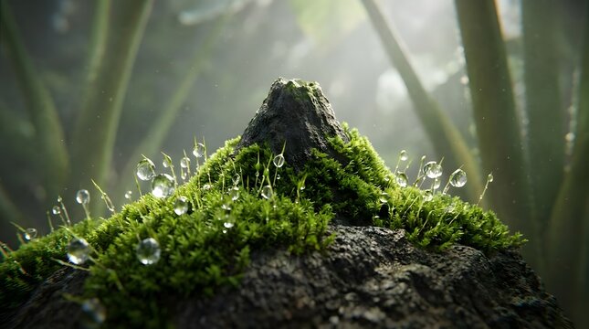 Mossy rock peak with morning dew drops macro.