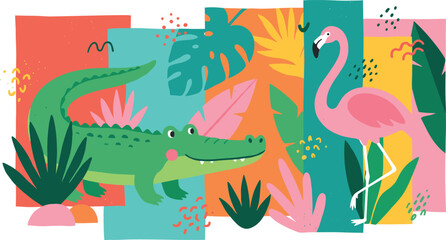 Obraz premium Cute Tropical Animals Vector Illustration with Cartoon Crocodile, Pink Flamingo, Monstera Palm Leaves, and Colorful Abstract Floral Collage Pattern