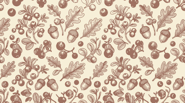 Vintage forest pattern with hand drawn oak leaves acorns and berries