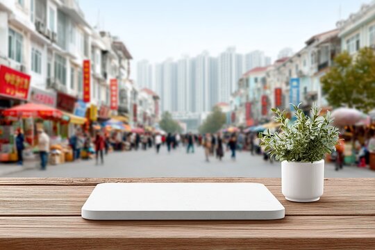 White slate on wooden table in front of a blurred street market