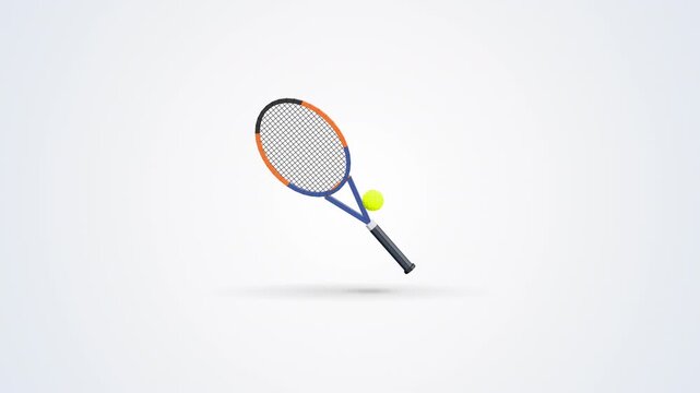 seamless 360-degree rotation of a 3D tennis racket and orbiting tennis ball on a pristine white background. 