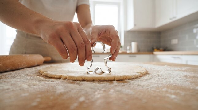 Close up hands cutting gingerbread cookie dough with metal cutter on flour covered wooden counter preparing festive Christmas treats in bright modern kitchen for winter holiday baking season.
