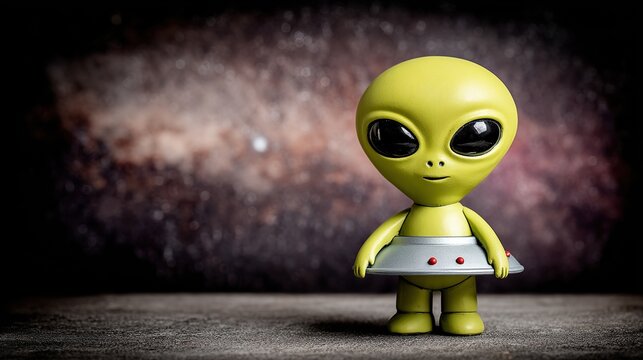 Green alien toy standing on a textured surface with a galaxy background