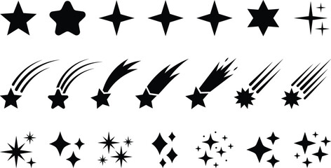 Fototapeta premium Black Star Silhouette Icon Set with Shooting Stars Comets and Twinkle Sparkles for Decoration and Celestial Graphic Designs