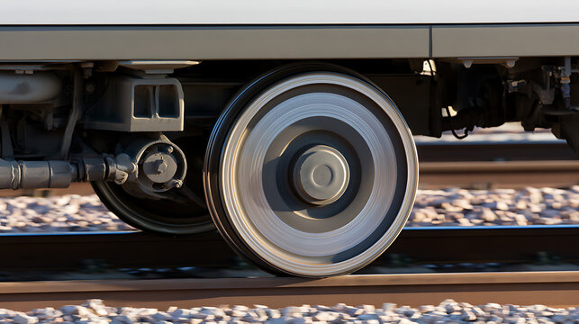 Close up view of heavy train wheel rolling on railway track with mechanical suspension parts under carriage for public transit concept