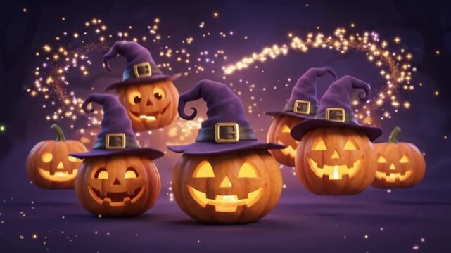 Dancing halloween pumpkins in hats 4k loop.