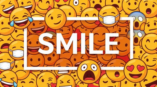Colorful social media emoji pattern with central smile text