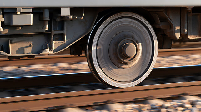 Close up of heavy steel train wheel spinning fast on railway track with motion blur effect during daylight journey commute travel vehicle transit