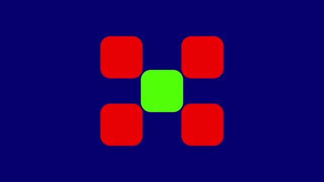 Abstract motion graphic with rotating red and green diamond shapes on blue background.