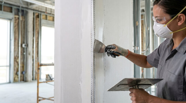 Female contractor finishing drywall joints with a putty knife. Professional plasterer applying joint compound to a wall corner. Interior construction and renovation work