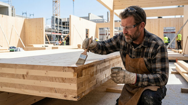 Carpenter applying protective sealant to a cross laminated timber panel. Professional craftsman painting CLT mass timber edge. Sustainable modern construction site