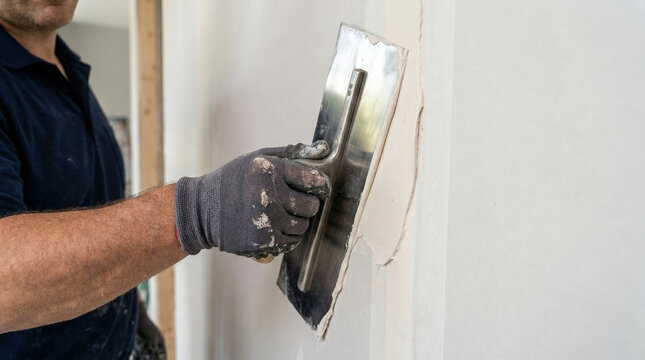 Professional finisher applying joint compound to drywall. Close up of hand using metal trowel to plaster wall seam. Home renovation and interior repair concept