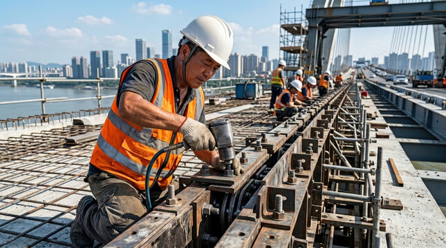 Construction worker building bridge deck with pneumatic wrench. Professional builder tightening bolts on steel expansion joint