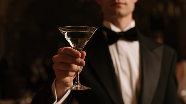 Formal male server in black tuxedo holding cocktail glass with elegant confidence in dim upscale venue