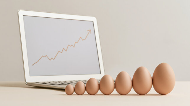 Laptop with rising chart beside eggs arranged by size, conveying growth, progress, and business success