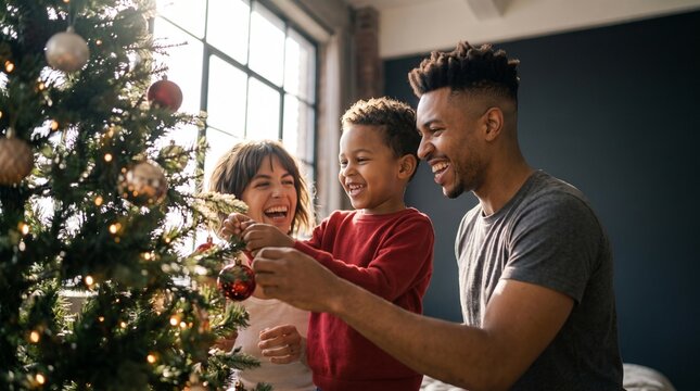 Cheerful young family with little boy decorating Christmas tree in modern living room, smiling black dad carrying toddler son placing red bauble ornament with brunette mom at home together.