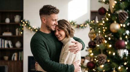 Fototapeta premium Loving young couple hugging tightly and laughing near decorated Christmas tree in cozy home, handsome Caucasian man and brunette woman in warm sweaters celebrating winter holiday season.