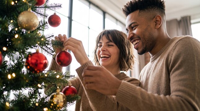 Happy cheerful interracial couple decorating festive Christmas tree with red baubles at home together, smiling young brunette woman and handsome black man celebrating winter holiday season.