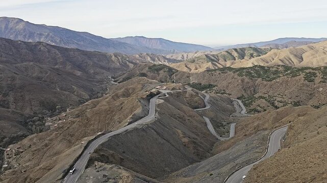 Aerial view over the switchback road climbing the High Atlas pass at Tizi n'Tichka, Marrakech-Safi, Morocco