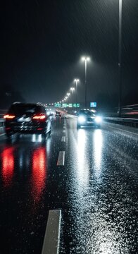 Nighttime Highway Traffic with Wet Road.