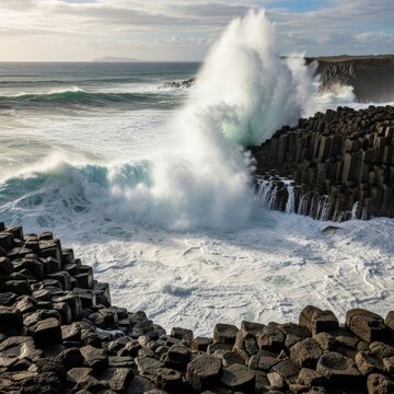 Ocean Waves Crashing Against Volcanic Rocks.