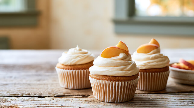 Delicious homemade cupcakes with white frosting and fresh peach fruit slices placed on a rustic wooden table inside a bright cozy kitchen home