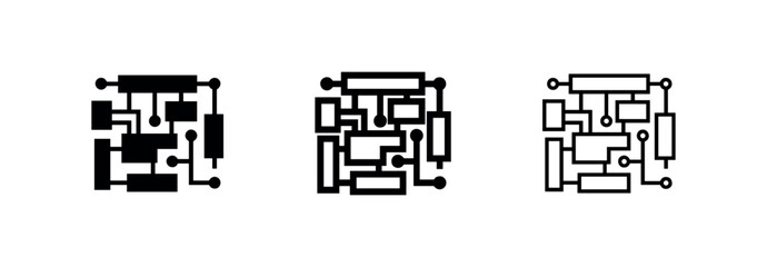 Fototapeta premium Abstract circuit board or network diagram icon in solid, outlined, and thin line styles, representing technology and connectivity.