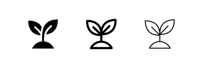 Young plant sprout or seedling icon in solid, outlined, and thin line styles, symbolizing growth, nature, and new beginnings. © liubomir118809