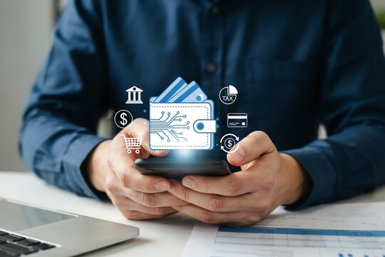 Businessman using mobile phone for digital wallet payment and online banking transactions