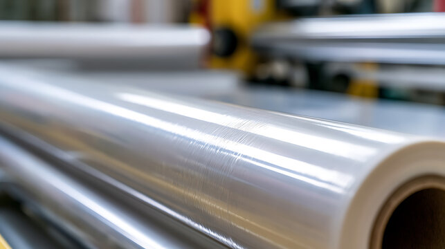Industrial manufacturing machine produce transparent plastic film roll in modern warehouse facility for packaging and commercial distribution