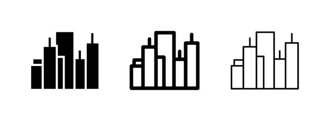 Obraz premium City Skyline Icon Set: Solid, Bold Outline, and Thin Outline Urban Buildings Symbols