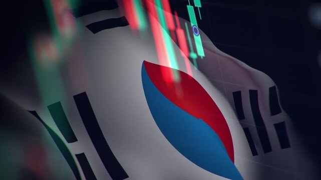 A dynamic timelapse video featuring fast moving stock market candlestick bars blended with a waving South Korean flag, representing South Korea economy, Kospi financial markets, and Asian trading.