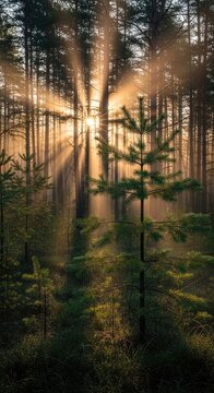 Sunlight Piercing Through Forest Canopy.