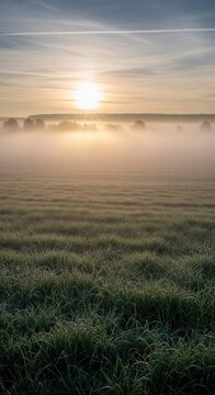 Sunrise over a misty field with golden light.