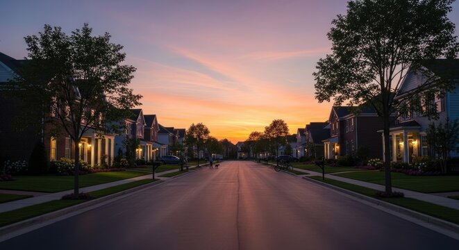 Sunset over a suburban street.