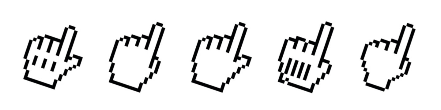 Collection of classic pixelated hand cursors pointing in different directions
