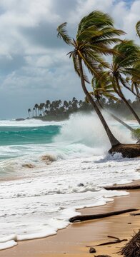 Tropical Beach Scene with Palm Trees and Waves.