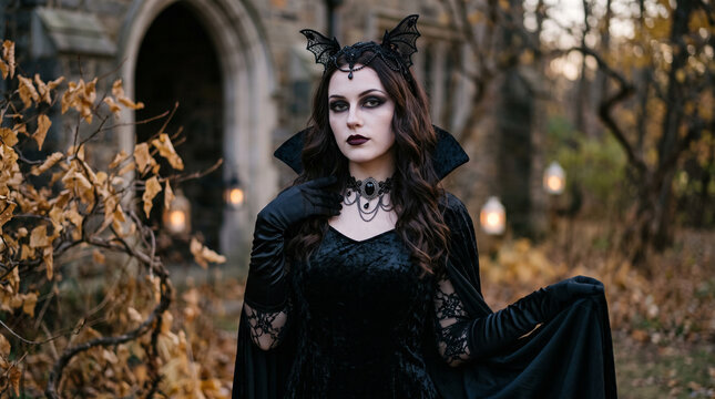 Young fashion model with gothic makeup and long black gloves posing in an elegant Halloween look, dramatic eye makeup, pale complexion, dark lips and a mysterious expression, gothic beauty, dark fashi