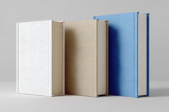 Three books with blank covers in white, beige, and blue
