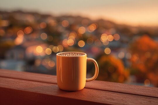 Warm coffee mug on a balcony at sunset
