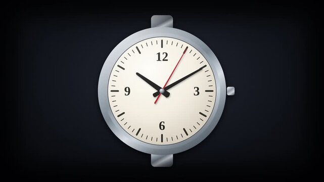 Minimalist Animated Wristwatch Clock Face Icon with Silver Metallic Bezel on Dark Background. 2D Vector Illustration for Time Management, Deadline, and Motion Design.