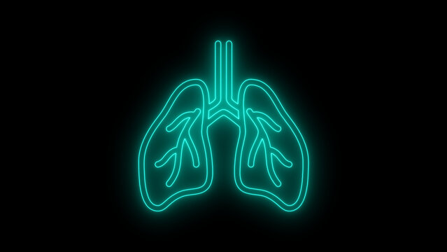neon line art illustration of human lungs with detailed bronchial branches, glowing against a black background, representing respiratory health, breathing, anatomy, and medical care.