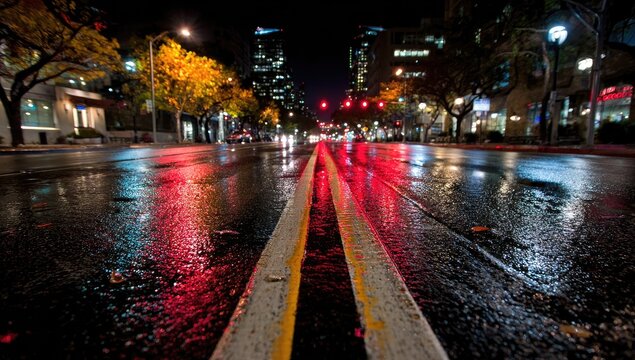 City street at night, wet asphalt, reflections