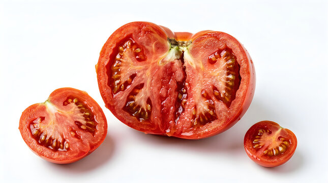 Fresh ripe red tomato cut in halves showing juicy seeds and flesh on white background transparent background