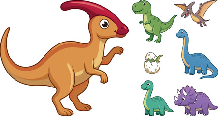 Cute Cartoon Dinosaur Vector Character Set featuring Parasaurolophus Tyrannosaurus Rex Pterodactyl Brachiosaurus Triceratops and Hatching Egg for Kids Nursery Designs © Md