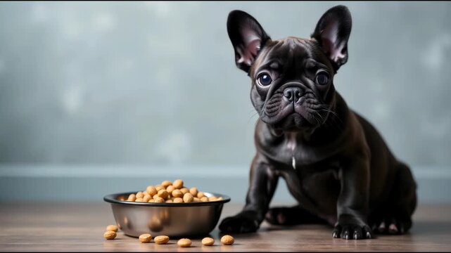 A small black dog sitting next to a bowl of food, a simple everyday scene