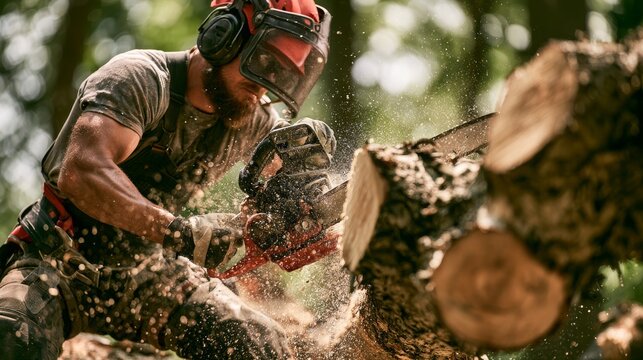Tree surgeon arborist removing a tree branch with chainsaw and heavy equipment, professional tree care service focused on pruning, maintenance, safety, forestry and outdoor work