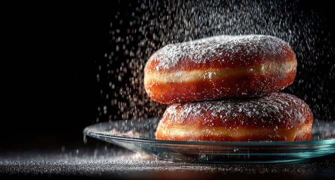 Two sugared doughnuts stacked, powdered sugar falling